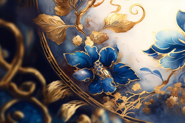 Drawing on paper with watercolors of flowers of plants and leaves in blue and gold paints Generative AI