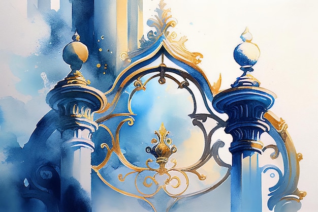 Drawing on paper with watercolors of an old castle in blue and gold paints Generative AI