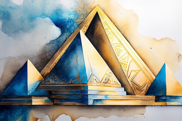 Drawing on paper with watercolors of several pyramids in blue and gold paints Generative AI