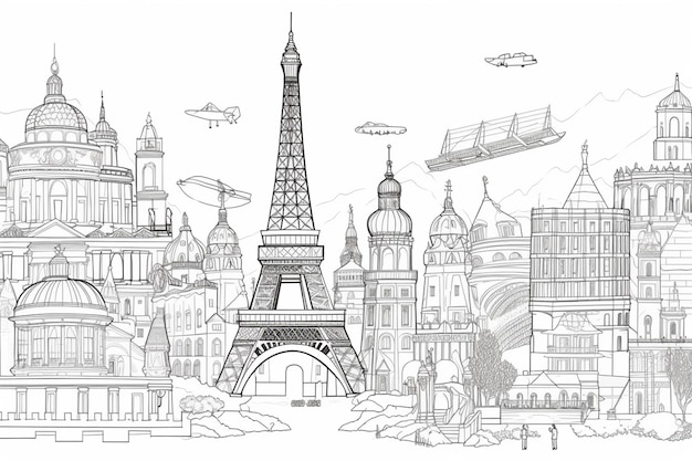 A drawing of paris with a plane flying over it.