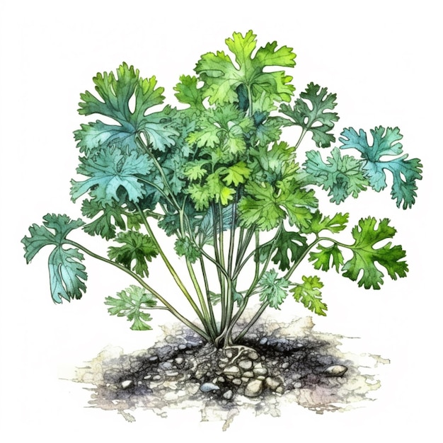 A drawing of a parsley plant with green leaves