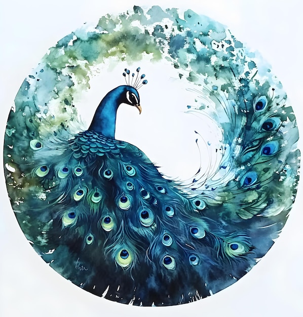 a drawing of a peacock with blue and green eyes