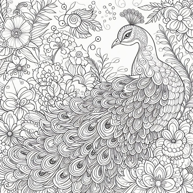 a drawing of a peacock with flowers and butterflies