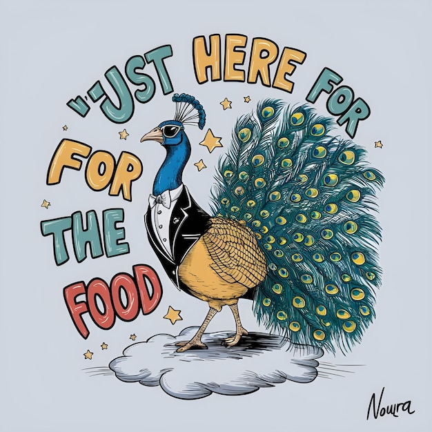 a drawing of a peacock with a quote from the book called just for the food