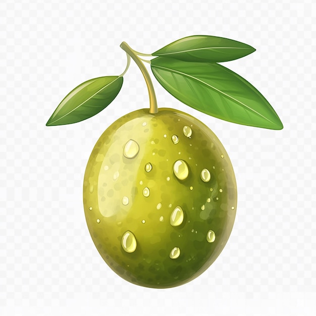 a drawing of a pear with green leaves and water drops