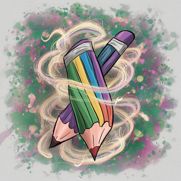 a drawing of a pencil with a green and purple pencil