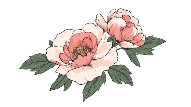 a drawing of a peony with a green leaves