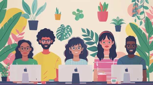 a drawing of people in front of a computer with plants and plants