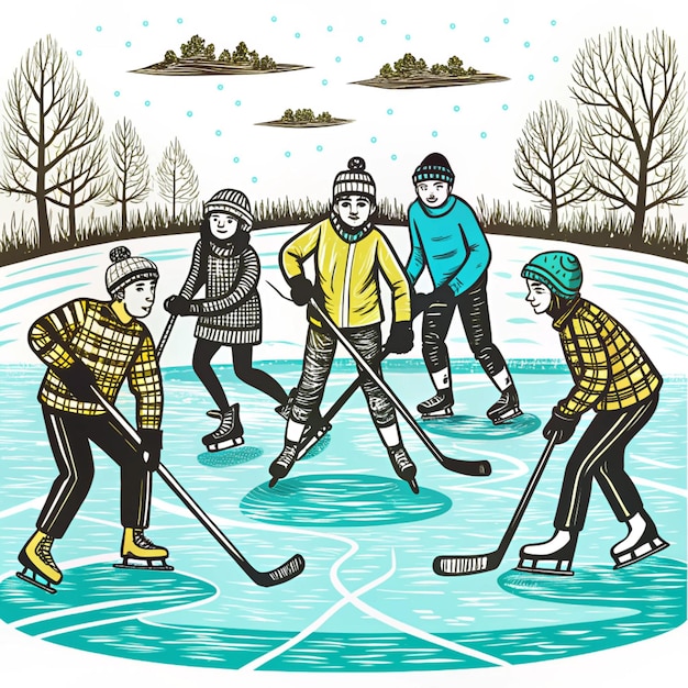 Photo a drawing of people playing hockey on an ice rink