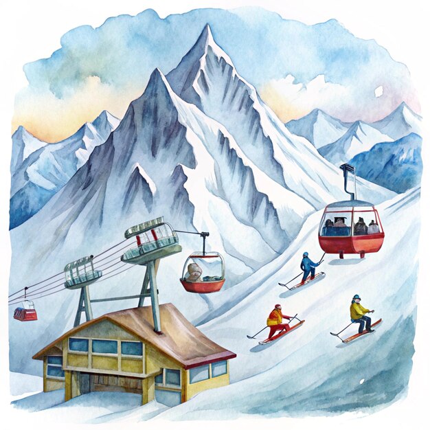 Photo a drawing of people riding skis and a ski lift with mountains in the background