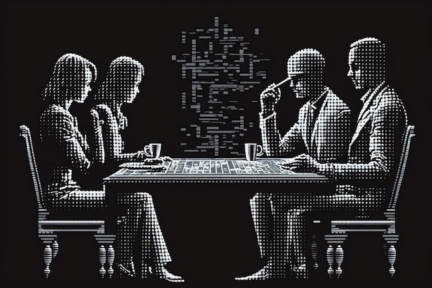 A drawing of people sitting at a table with a game on it.