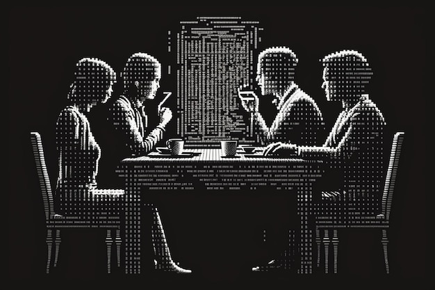 A drawing of people sitting at a table with numbers on it.