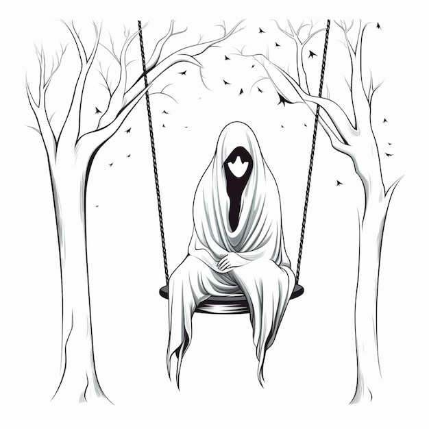 a drawing of a person sitting on a swing in a forest generative ai