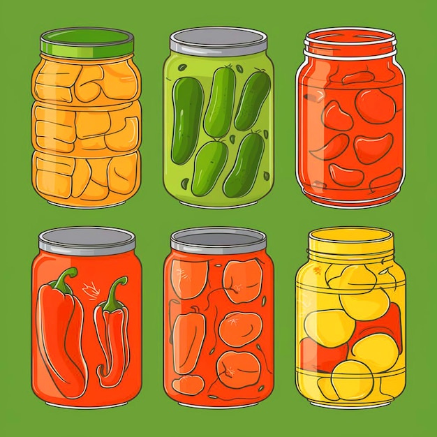 a drawing of pickles and tomatoes with a green background