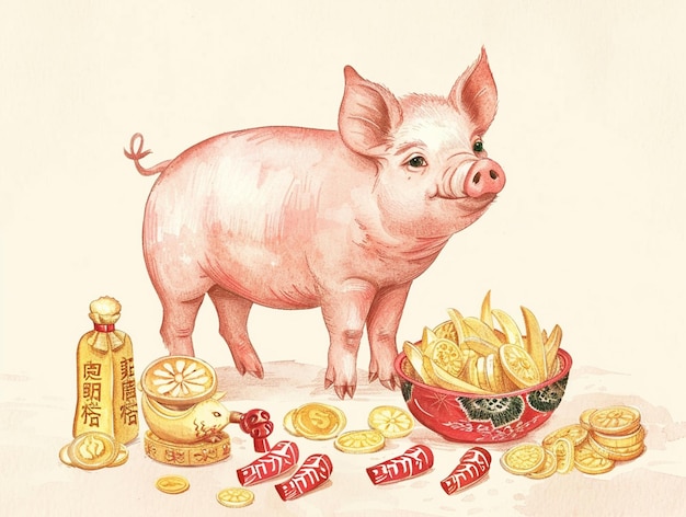 Photo a drawing of a pig with a basket of fries and a basket of fries