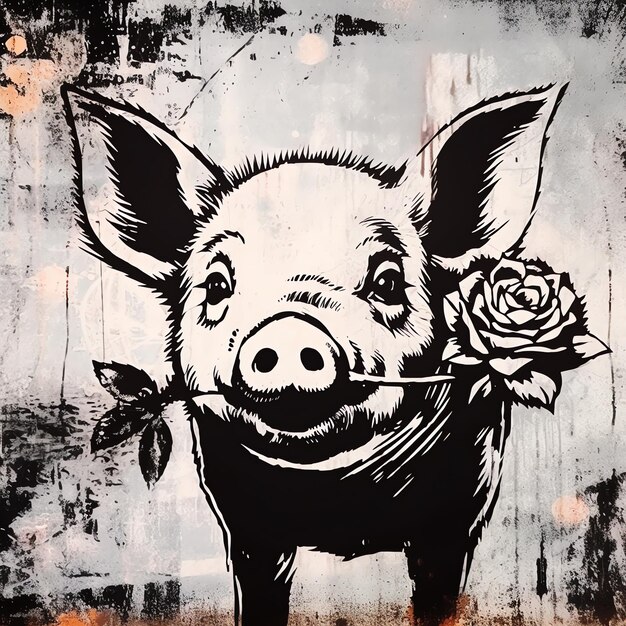 Photo a drawing of a pig with a flower in it