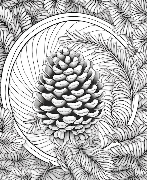 A drawing of a pine cone surrounded by leaves and a circle generative ai