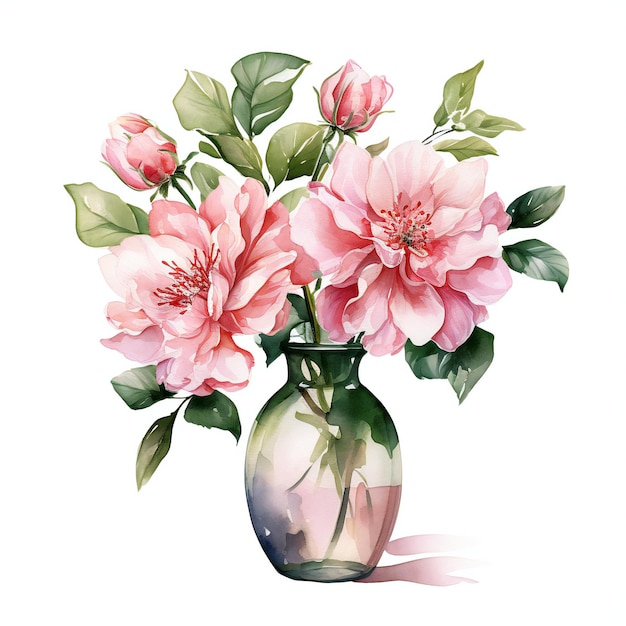 a drawing of pink flowers in a vase with green leaves.