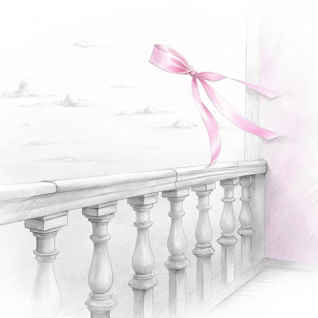 Photo a drawing of a pink ribbon tied to a railing