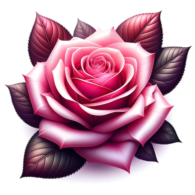 a drawing of a pink rose with dark leaves and pink flowers