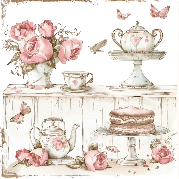 Photo a drawing of pink roses and a teapot with butterflies on it