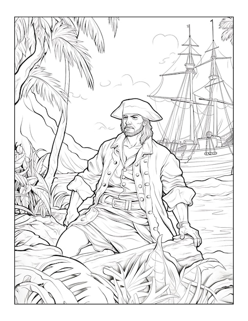 Photo a drawing of a pirate in a boat with a ship in the background