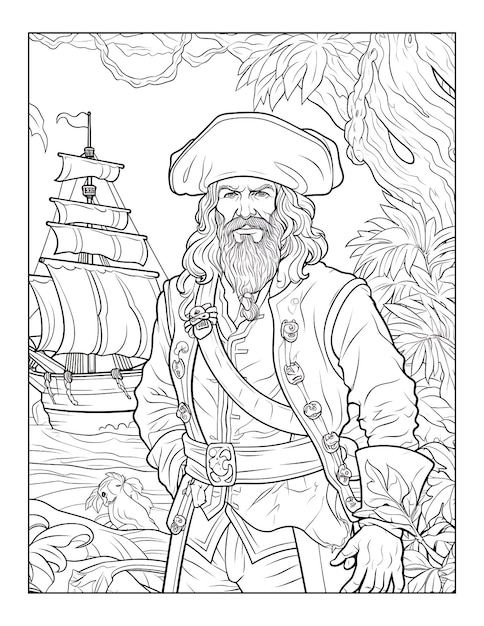 Photo a drawing of a pirate with a ship in the background