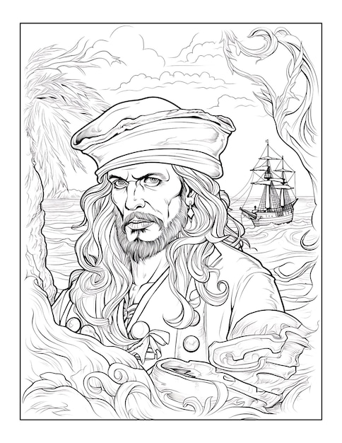 Photo a drawing of a pirate with a ship in the background