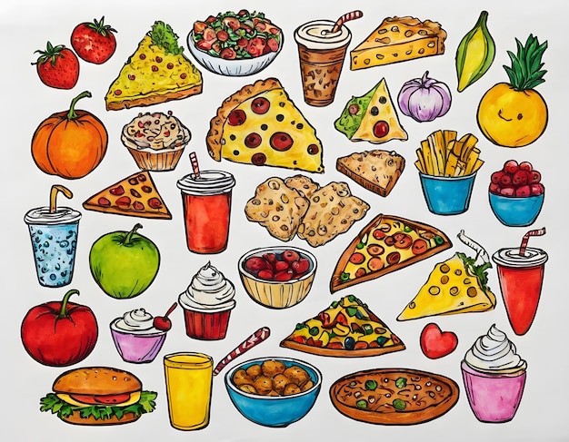 Photo a drawing of pizzas and other food including pizza fruit and vegetables