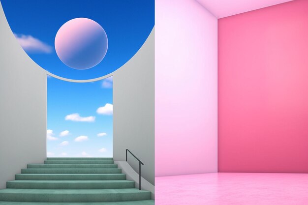 A drawing of a planet with a pink background and a pink wall with a blue circle on it.