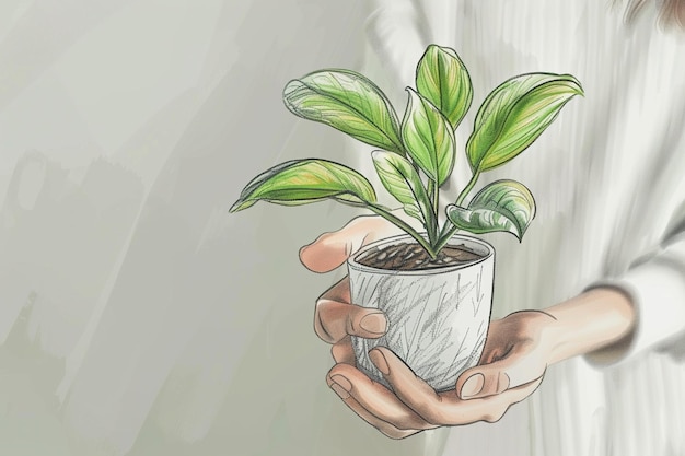 a drawing of a plant with a pot in the middle