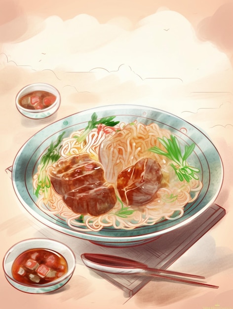 A drawing of a plate of food with a bowl of noodles and a bowl of sauce.