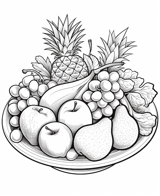 a drawing of a plate of fruit with pineapples generative ai