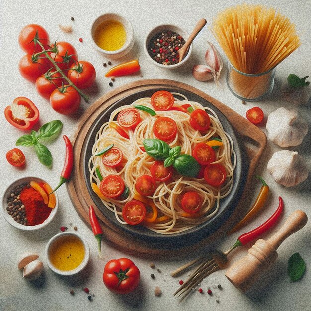 Drawing of a plate of spaghetti and a bowl of pasta