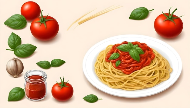 Photo a drawing of a plate of spaghetti and tomatoes with a jar of jam