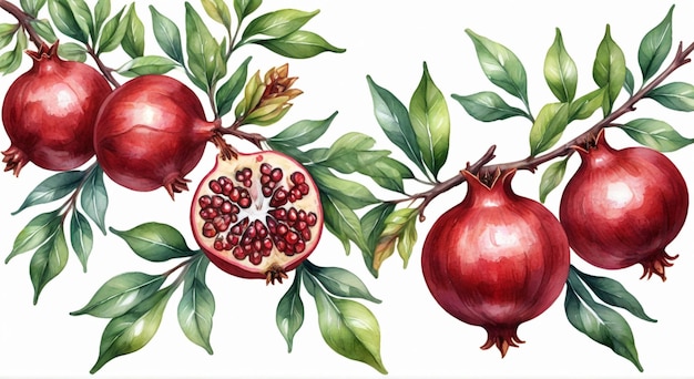 a drawing of pomegranates with leaves and a pomegranate