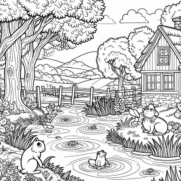 a drawing of a pond with a bear and a fence