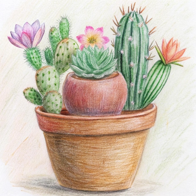 a drawing of a pot with a cactus and flowers