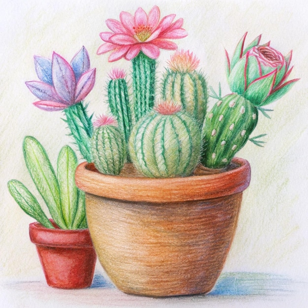 a drawing of a pot with a cactus and flowers