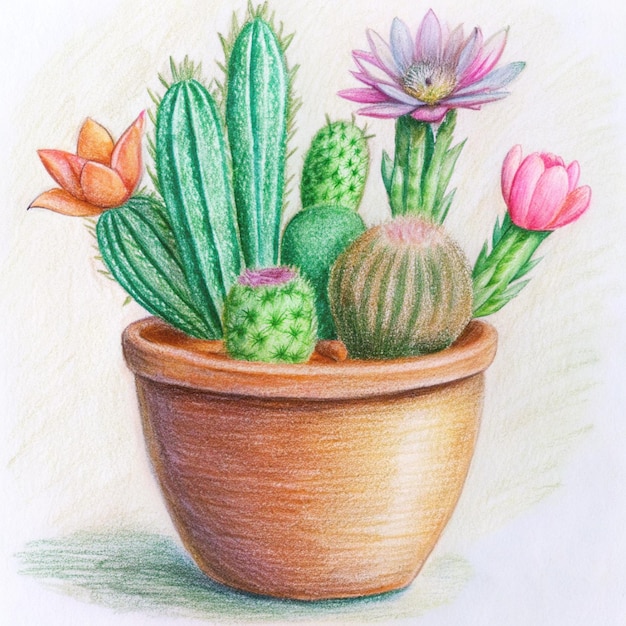 a drawing of a pot with a cactus and flowers