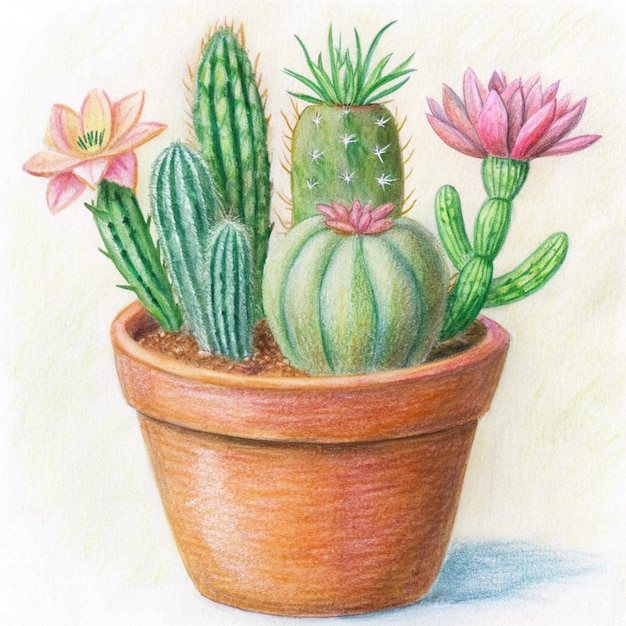 Photo a drawing of a pot with a cactus and flowers