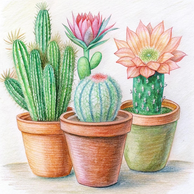 a drawing of a potted cactus and other pots