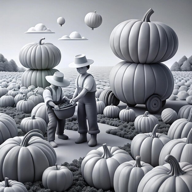 a drawing of a pumpkin patch with a man carrying a basket and a pumpkin