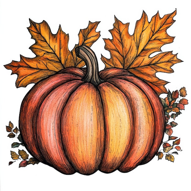 a drawing of a pumpkin with autumn leaves on it