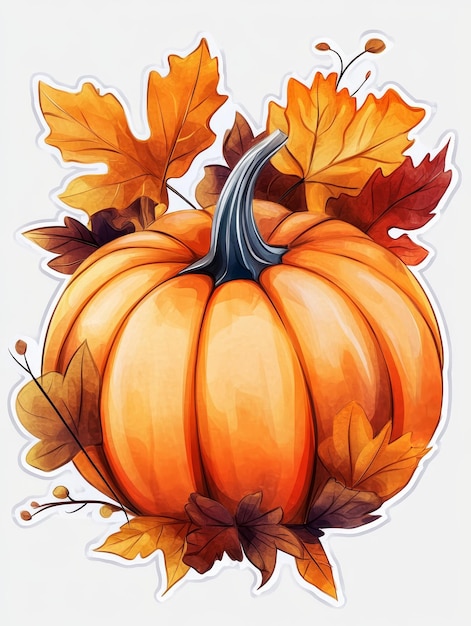 a drawing of a pumpkin with autumn leaves and a maple leaf