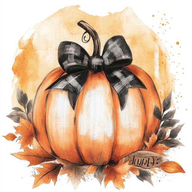 a drawing of a pumpkin with a black ribbon on it