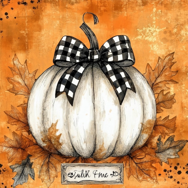 a drawing of a pumpkin with a black and white ribbon and a black and white ribbon