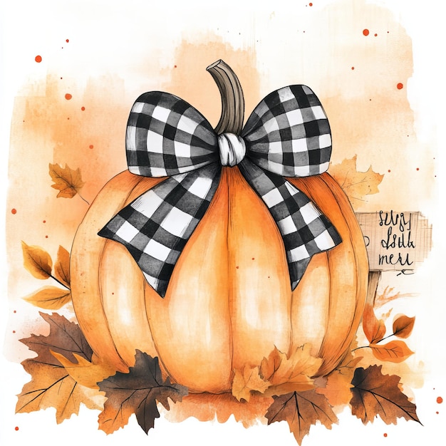 a drawing of a pumpkin with a black and white ribbon on it