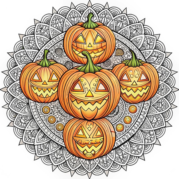 a drawing of a pumpkin with carved pumpkins on it