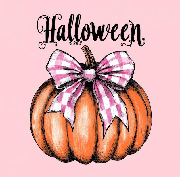 Photo a drawing of a pumpkin with a pink ribbon and a bow on it